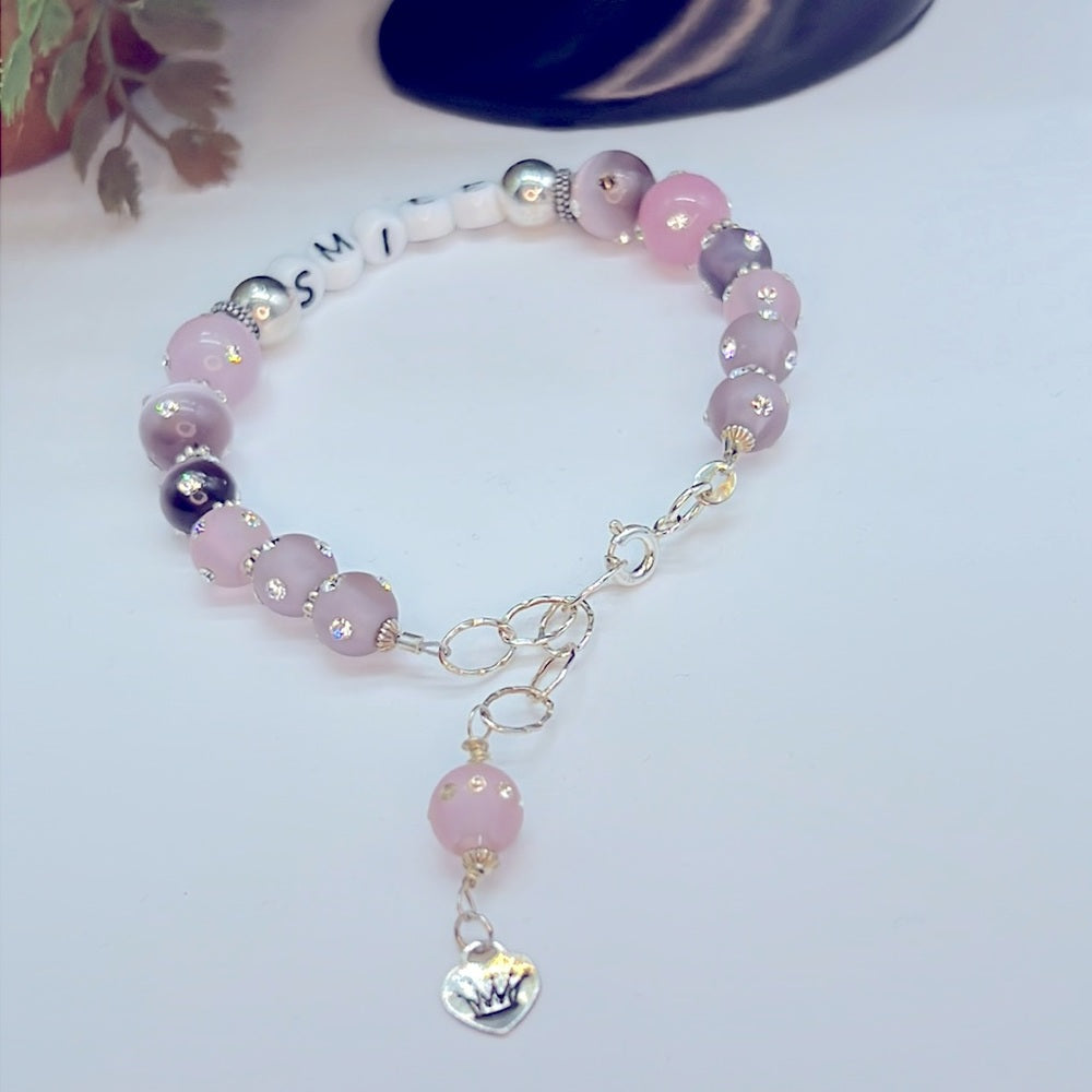 Adorned Crown Jewelry SMILE beaded sterling silver pink rhinestone bracelet