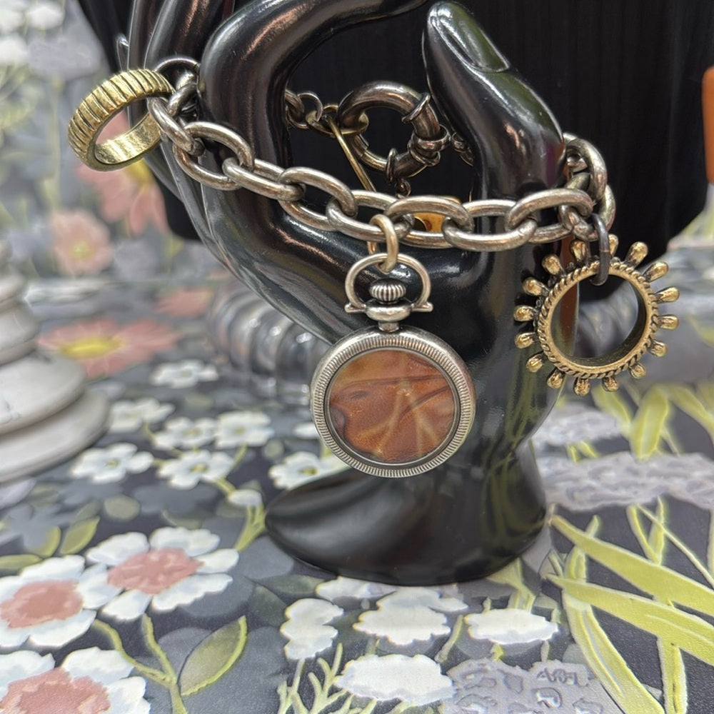 Adorned Crown Jewelry assemblage mixed metal leather steampunk charm bracelet