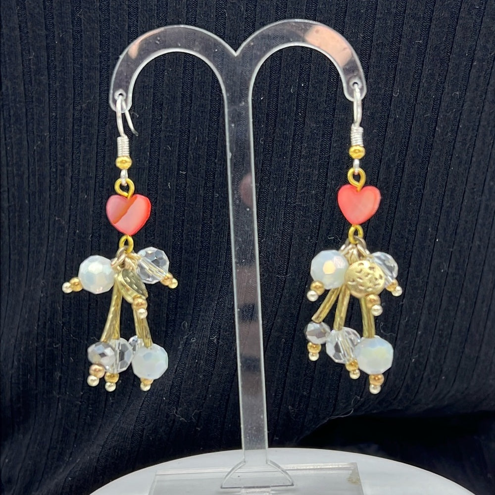 Adorned Crown Jewelry assemblage red mother of Pearl heart bead burst earrings