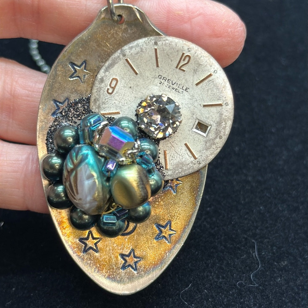 Adorned Crown Jewelry assemblage spoon watch face stars cluster long necklace