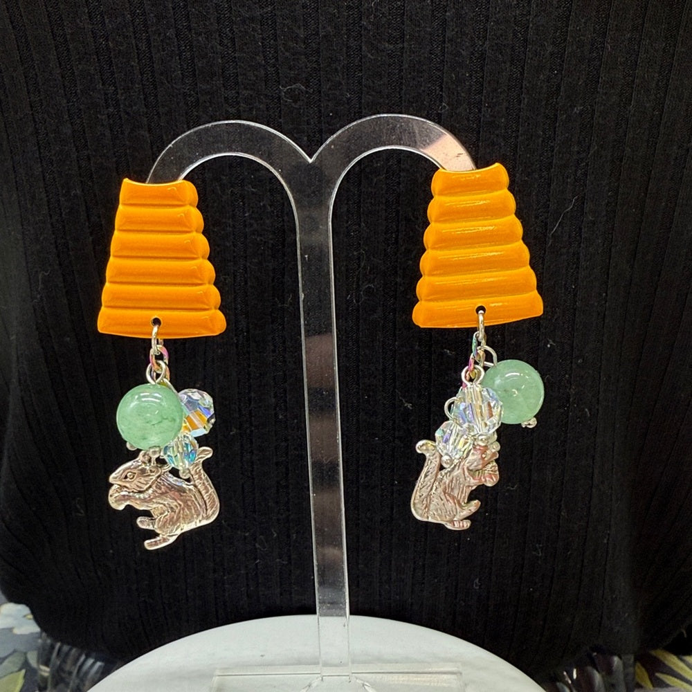 Adorned Crown Jewelry assemblage green jade squirrel enamel post earrings