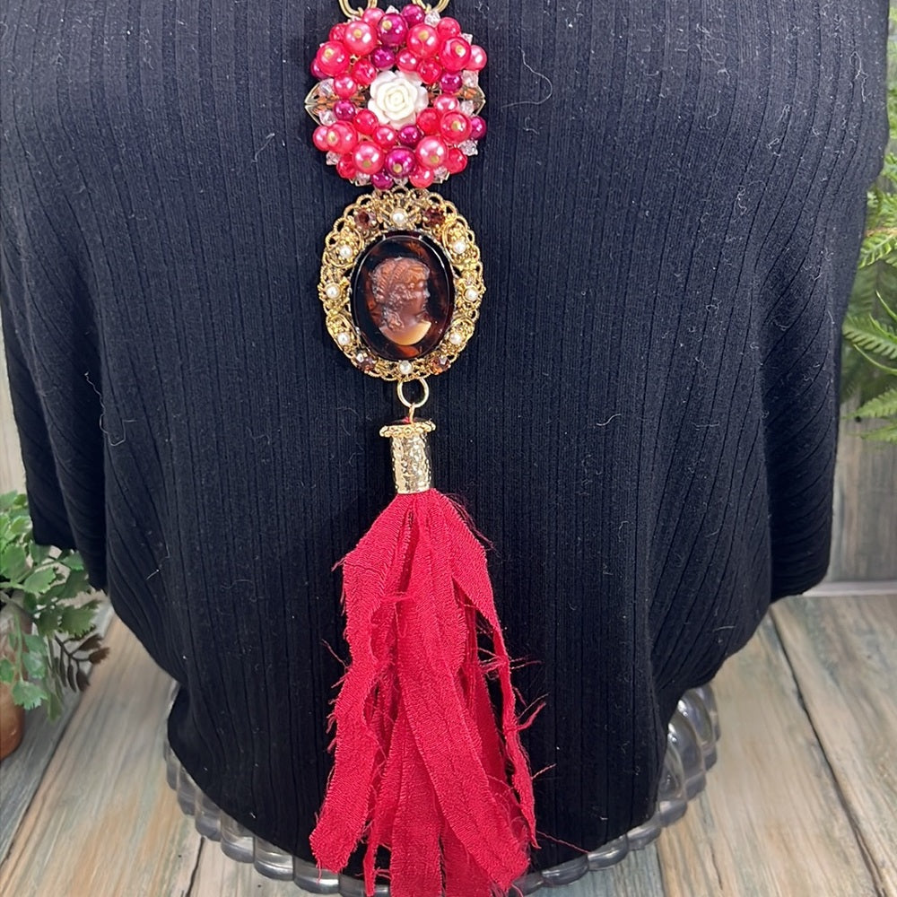 Adorned Crown Artisan Assemblage red cluster cameo silk sari tassel necklace