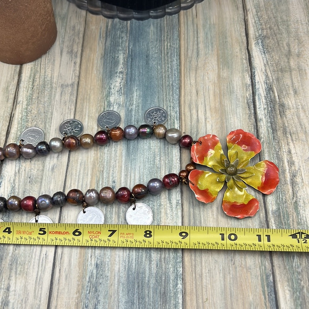 Adorned Crown Artisan Assemblage Tahitian Pearl coins enamel flower necklace