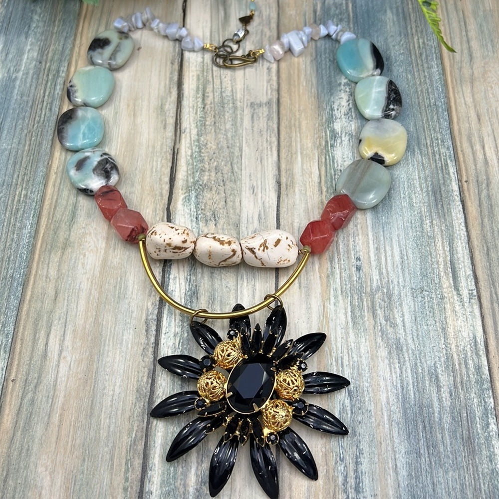 Adorned Crown Artisan Assemblage enamel black flower stone bead necklace