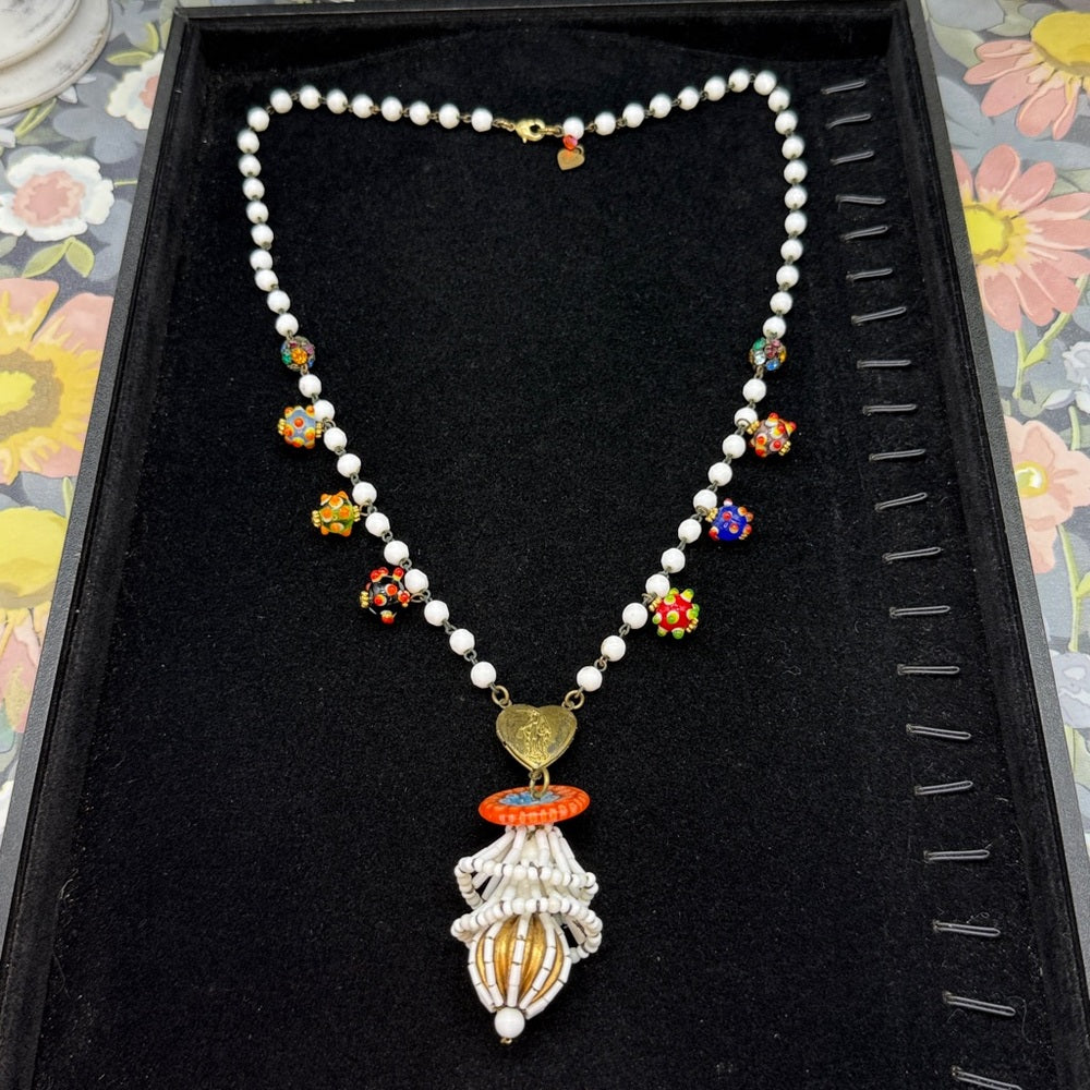 Adorned Crown Jewelry assemblage vintage white glass lamp work bead necklace