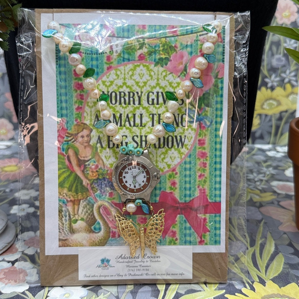 Adorned Crown Jewelry assemblage Pearl Czech glass watch butterfly necklace