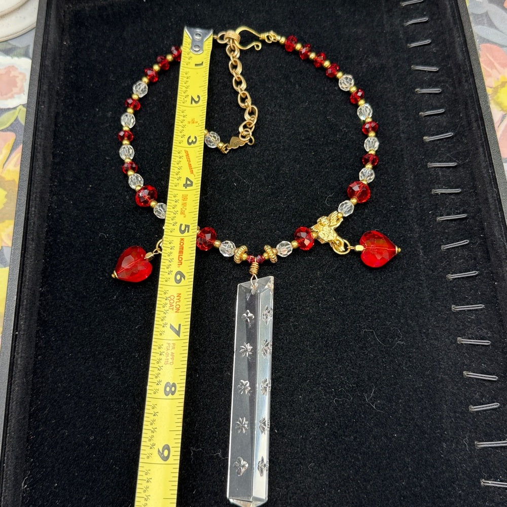 Adorned Crown Jewelry assemblage glass crystal red bead cherub necklace