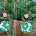 Adorned Crown vintage fabric wood disc earrings pink green lightweight
