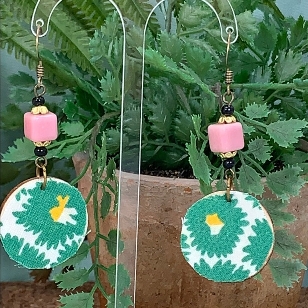 Adorned Crown vintage fabric wood disc earrings pink green lightweight