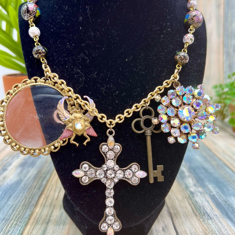 Adorned Crown Jewelry assemblage rhinestone cross eyeglass scarab necklace