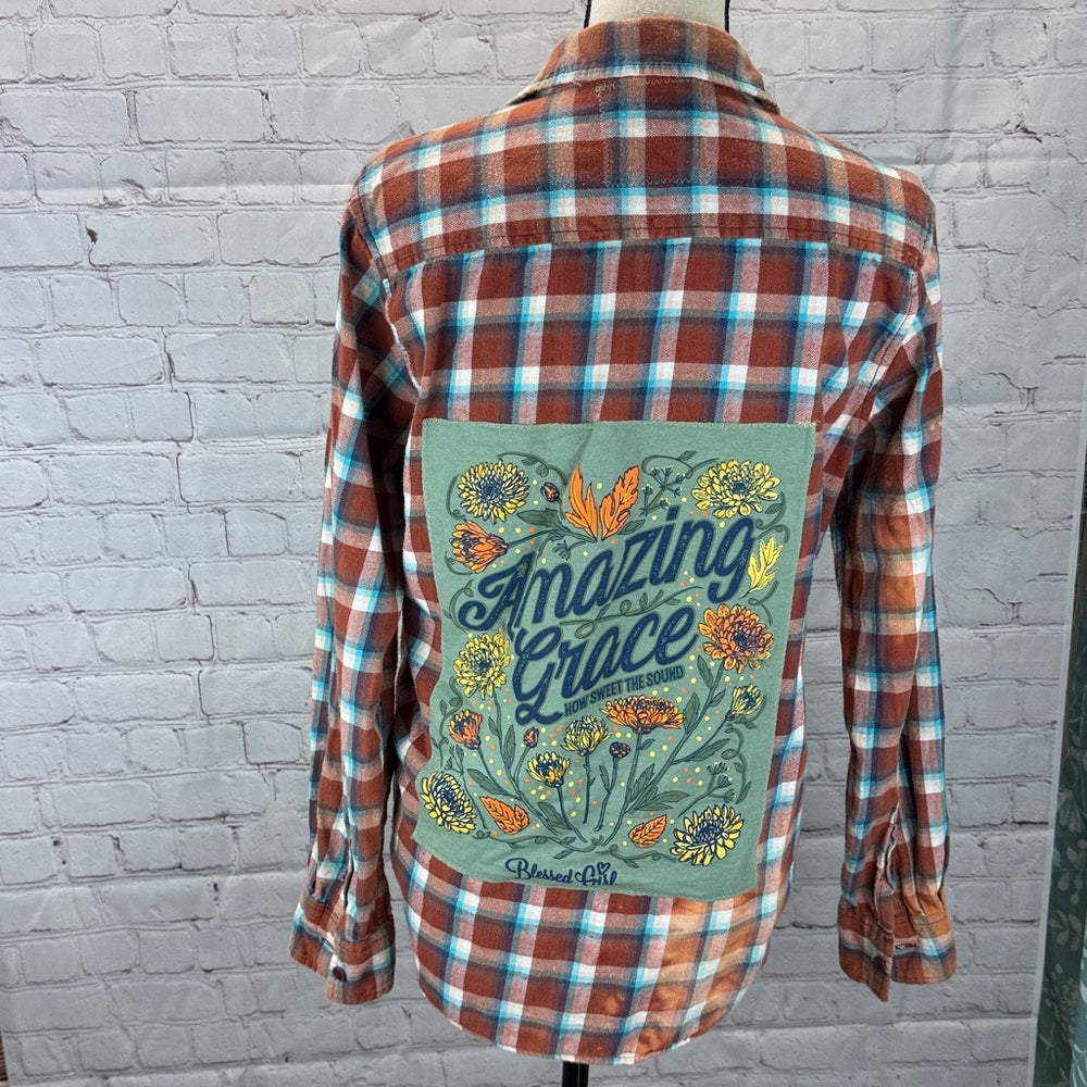 Adorned Crown Jewelry textile altered flannel amazing grace button down sz Med