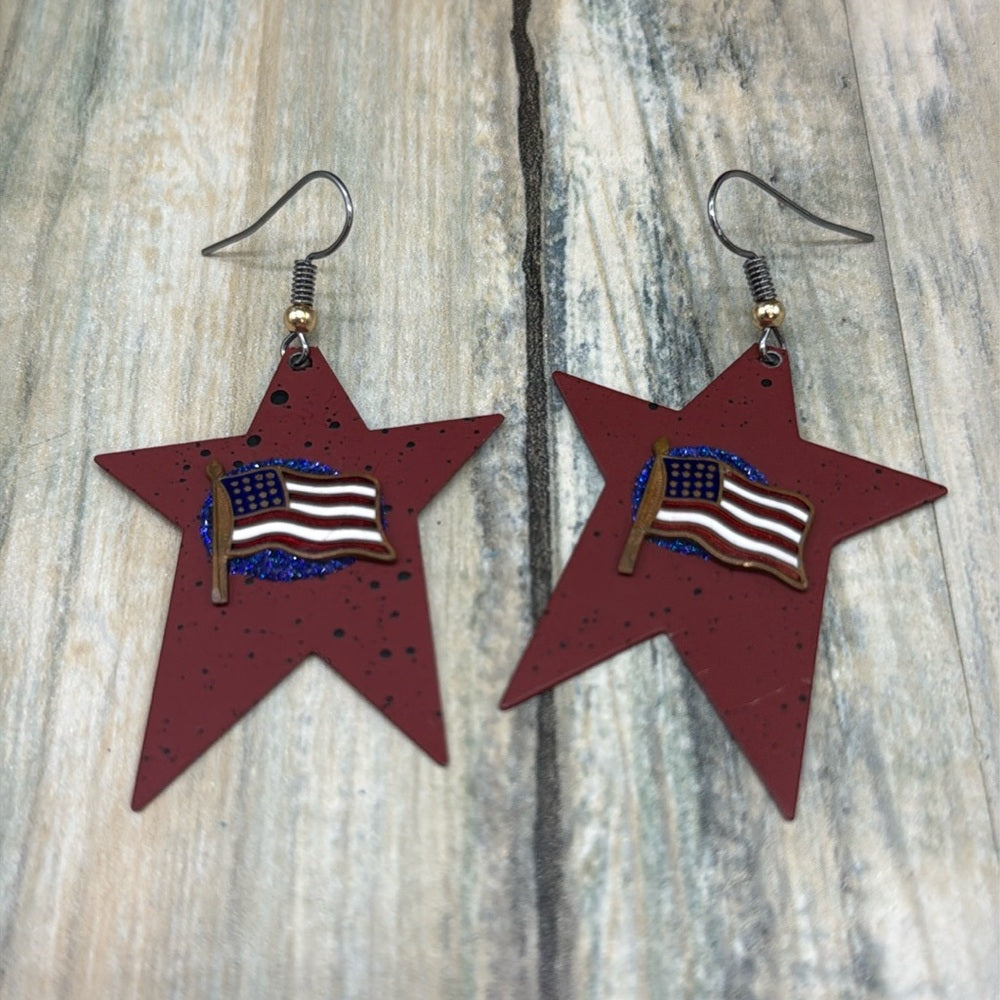 Adorned Crown Jewelry assemblage Red Star Dangle Earrings with enamel flags
