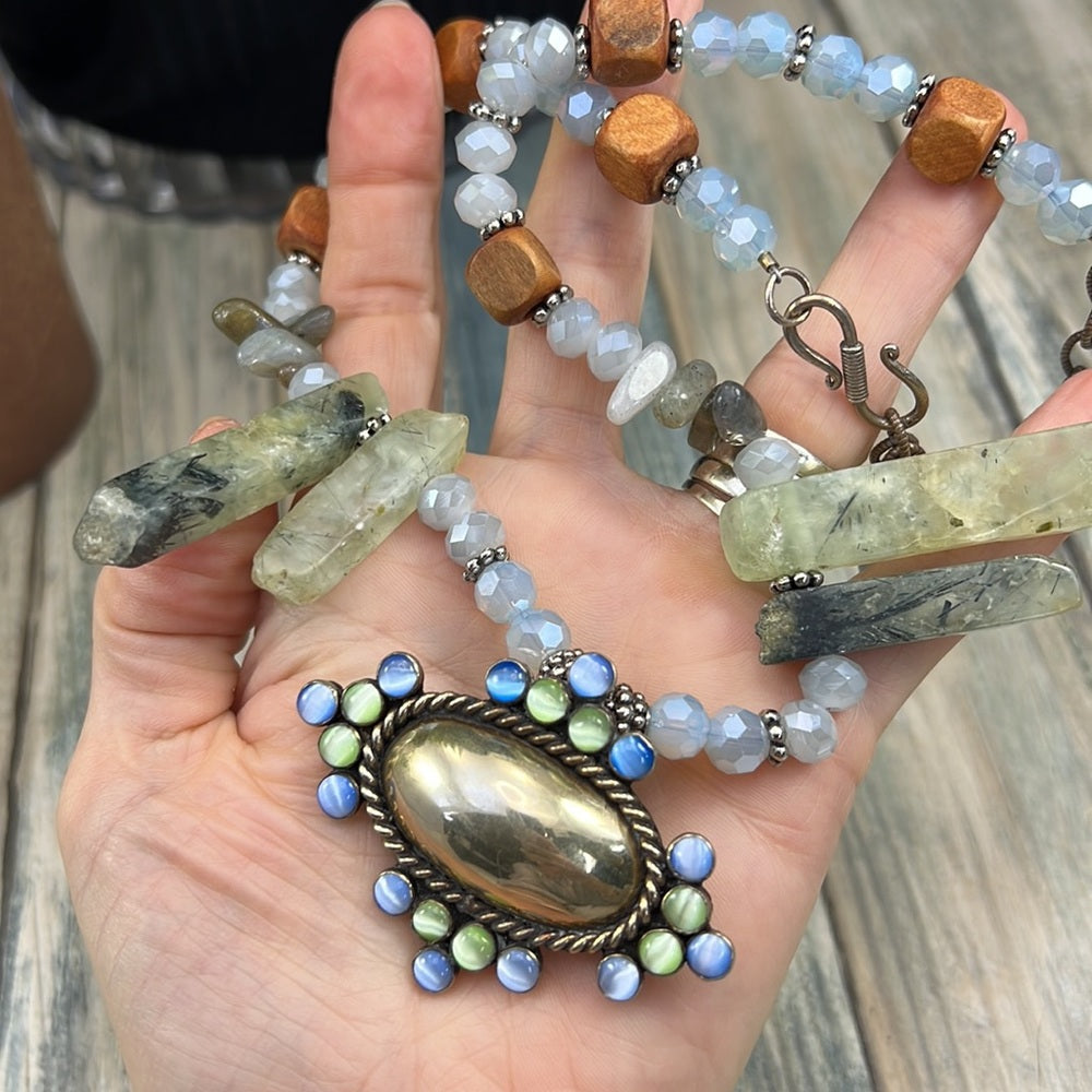 Adorned Crown Artisan Assemblage silver pendant blue green quartz necklace