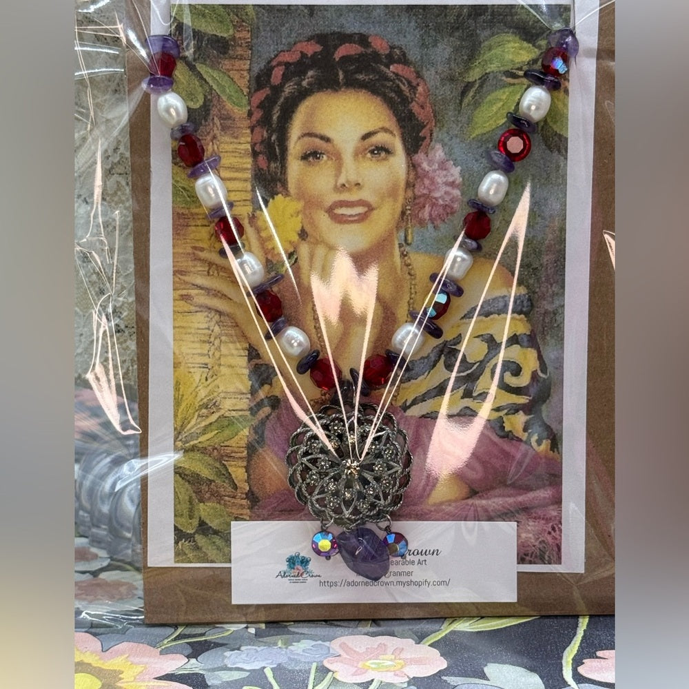 Adorned Crown Jewelry assemblage amethyst pearl red crystal pendant necklace
