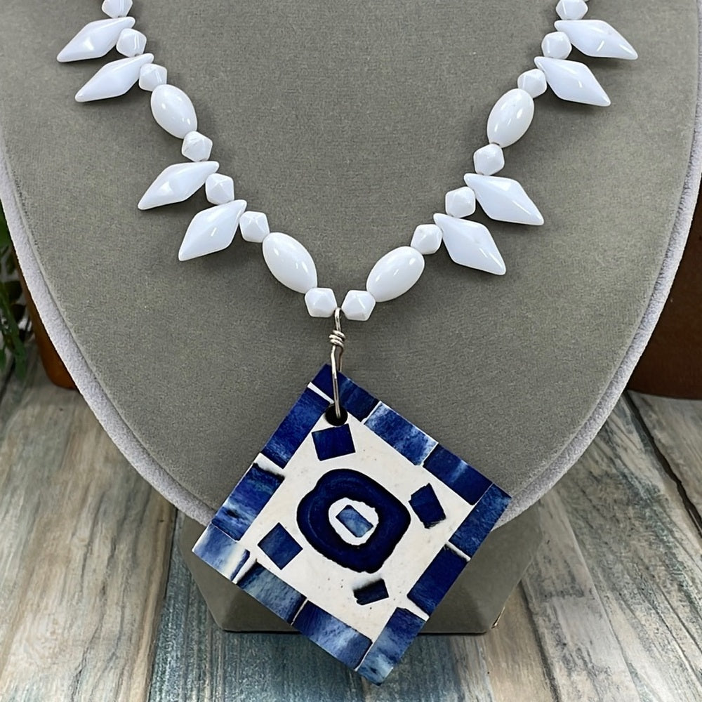 Adorned Crown Artisan Assemblage “make a statement” blue mosaic necklace