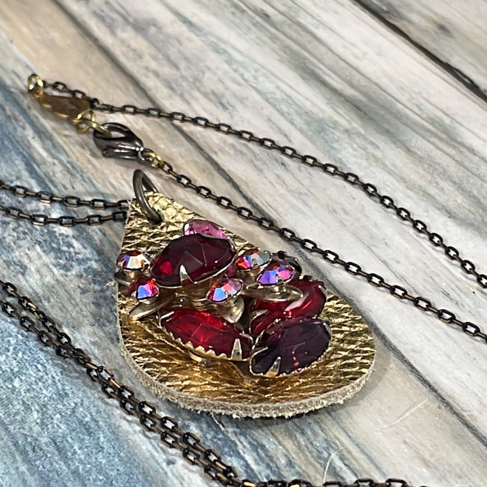 Adorned Crown Artisan assemblage leather drop rhinestone chain necklace
