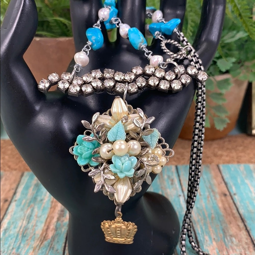 Adorned Crown artisan assemblage teal rhinestone cluster necklace