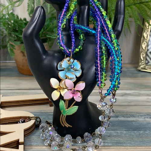 Adorned Crown artisan assemblage enamel flower glass bead 3 strand necklace