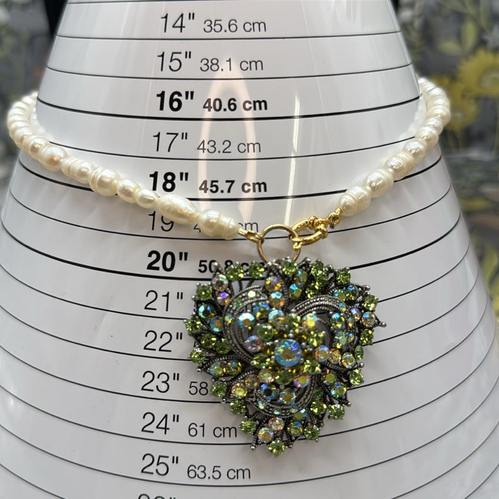 Adorned Crown Jewelry assemblage pearl green rhinestone pendant necklace