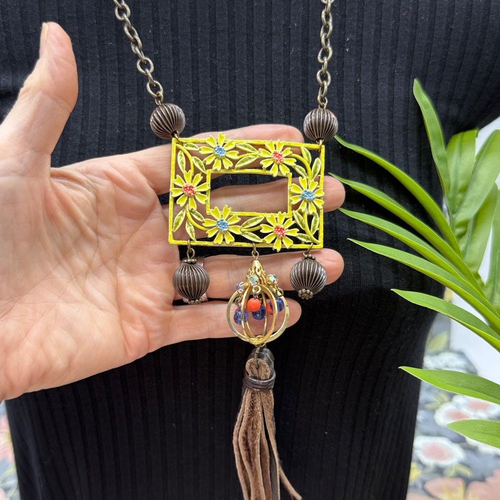 Adorned Crown Jewelry assemblage yellow frame flower necklace