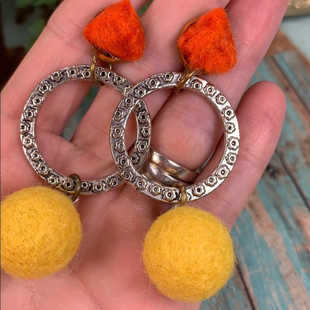 Adorned Crown artisan assemblage wool ball geometric textile earrings