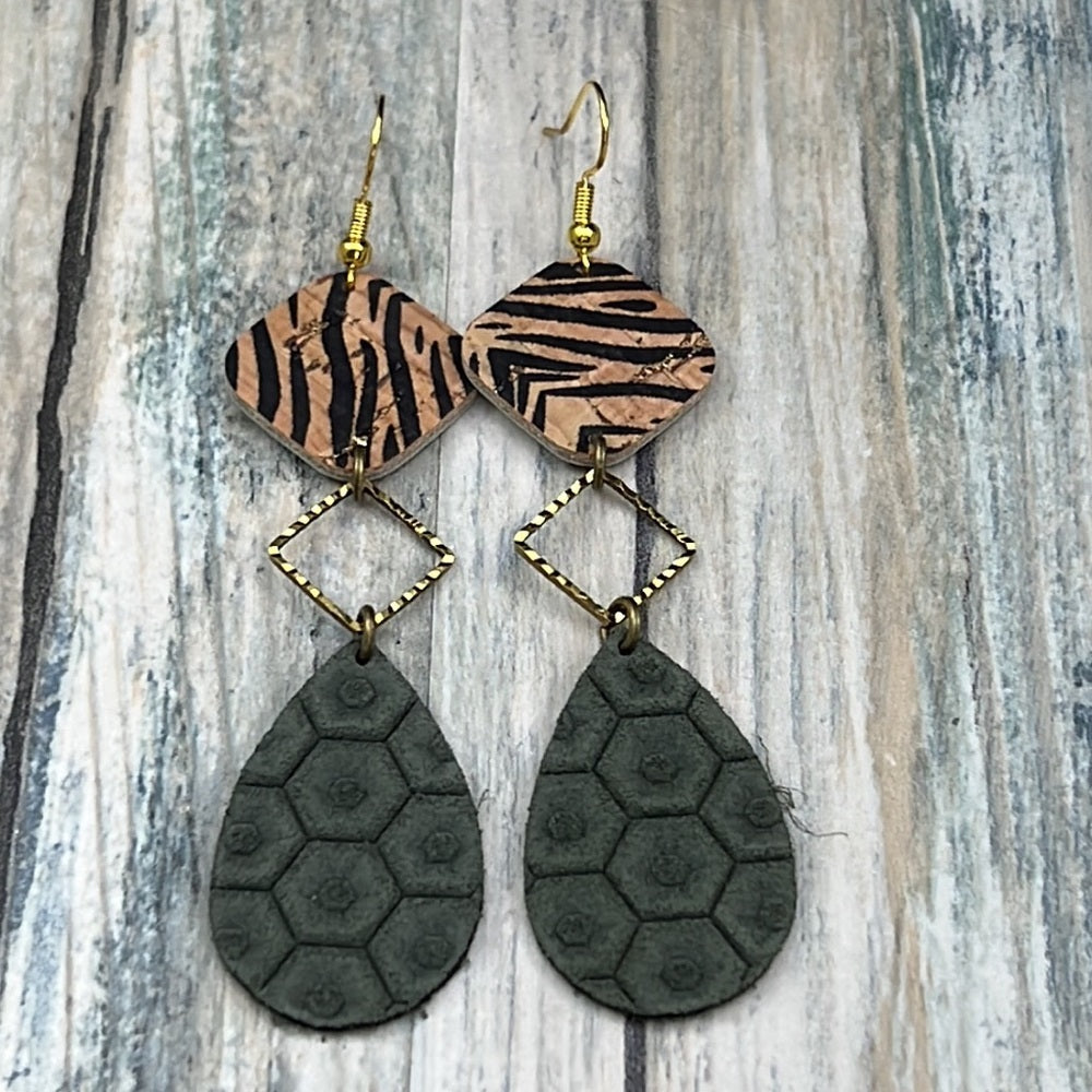 Adorned Crown Artisan Assemblage leather double drop zebra green earrings