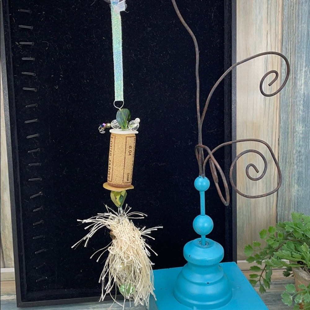 Adorned Crown artisan assemblage wine cork ornament green bead & tassel