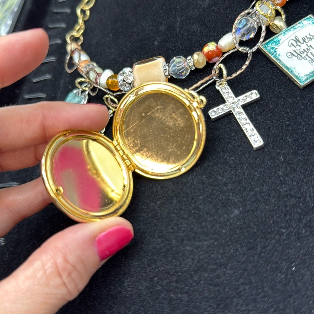 Adorned Crown Jewelry assemblage bless your heart rose locket charm necklace