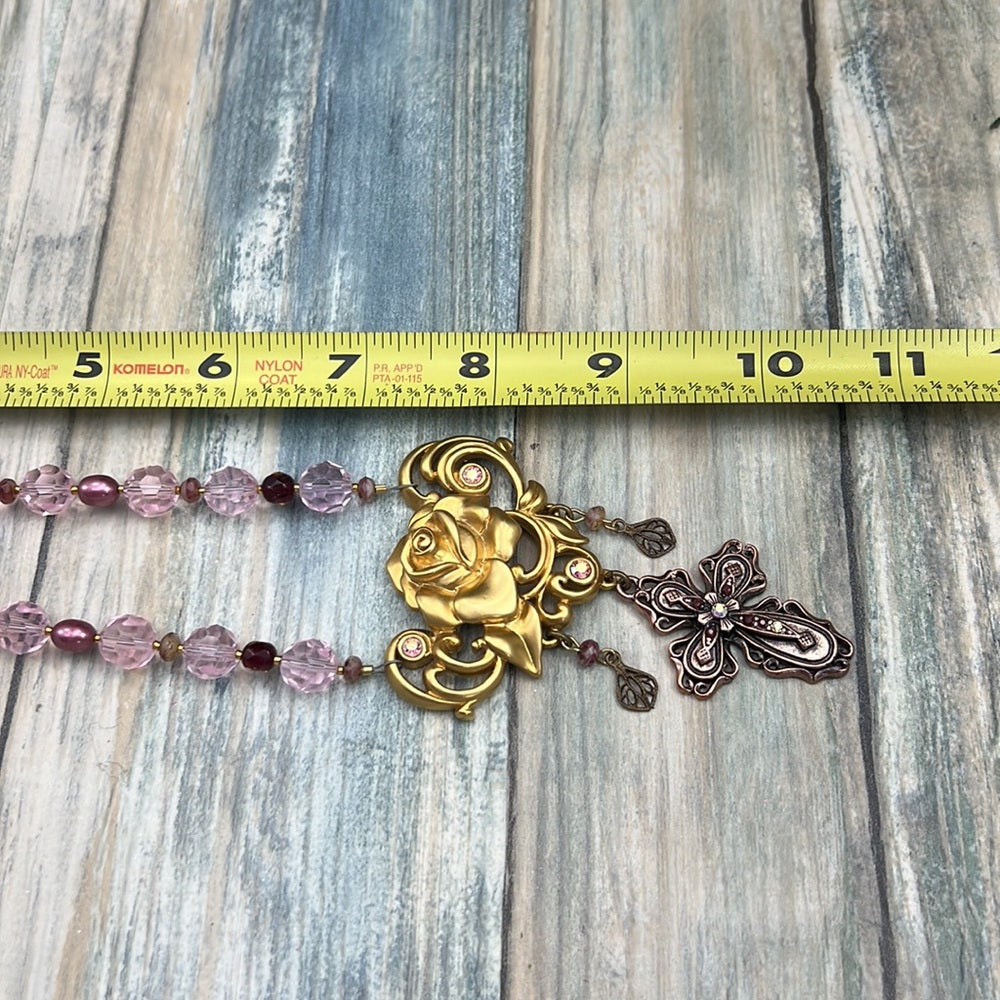 Adorned Crown Artisan Assemblage pink crystal golden rose cross necklace