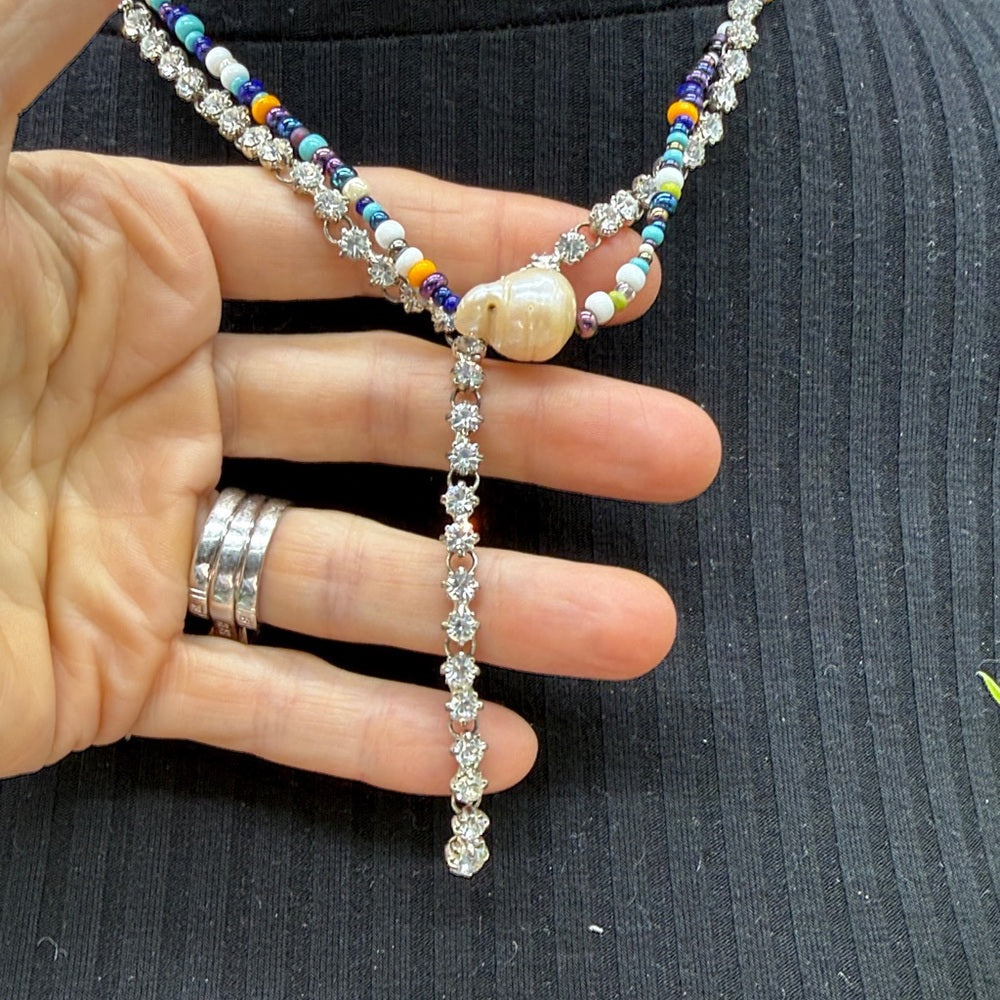 Adorned Crown Jewelry assemblage 2 strand beaded rhinestone pearl necklace