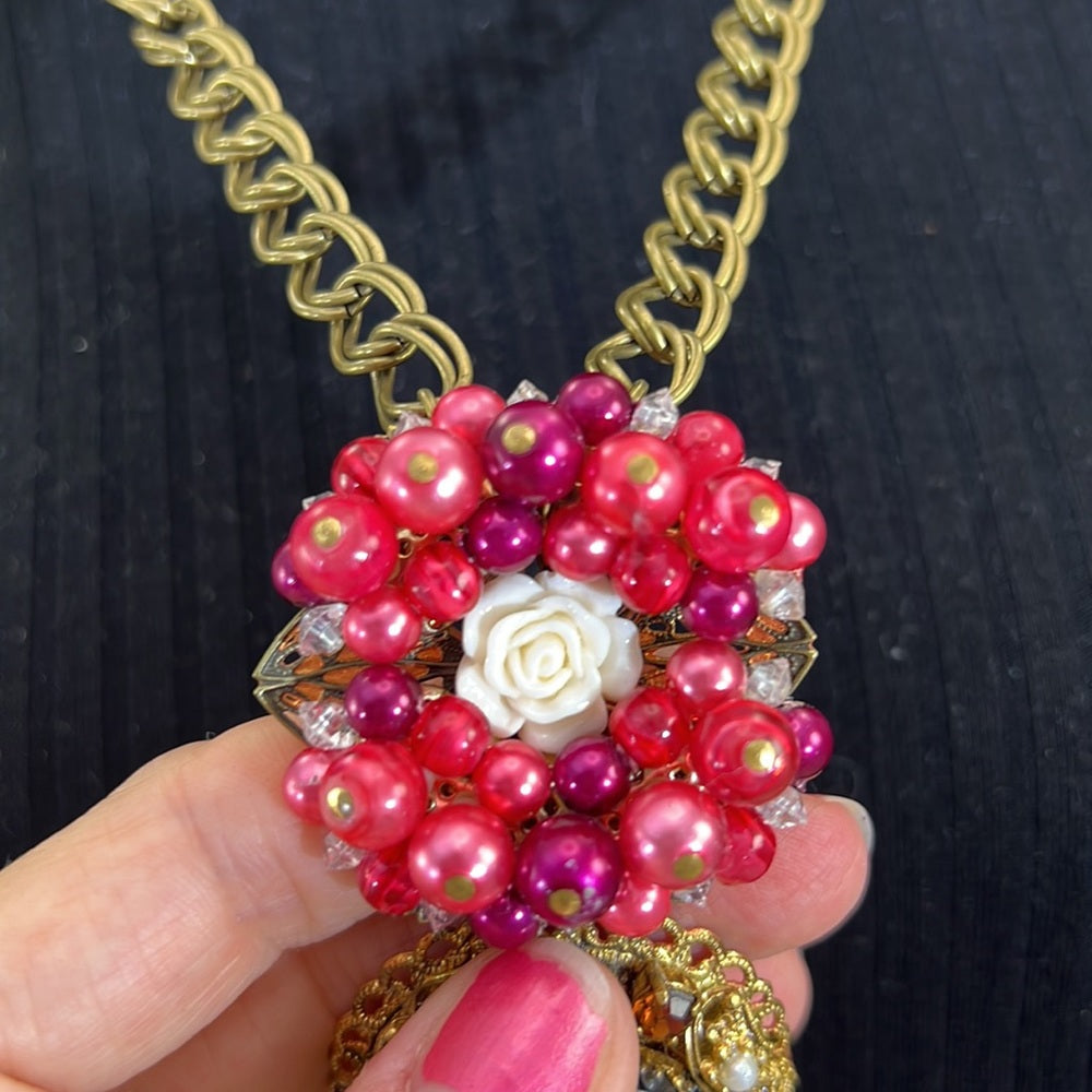 Adorned Crown Artisan Assemblage red cluster cameo silk sari tassel necklace
