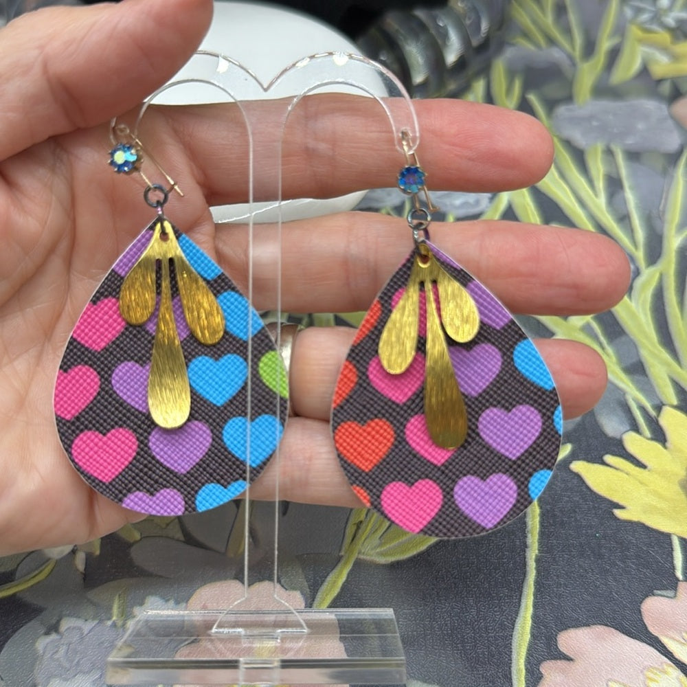 Adorned Crown Jewelry faux leather Lisa Frank style heart earrings