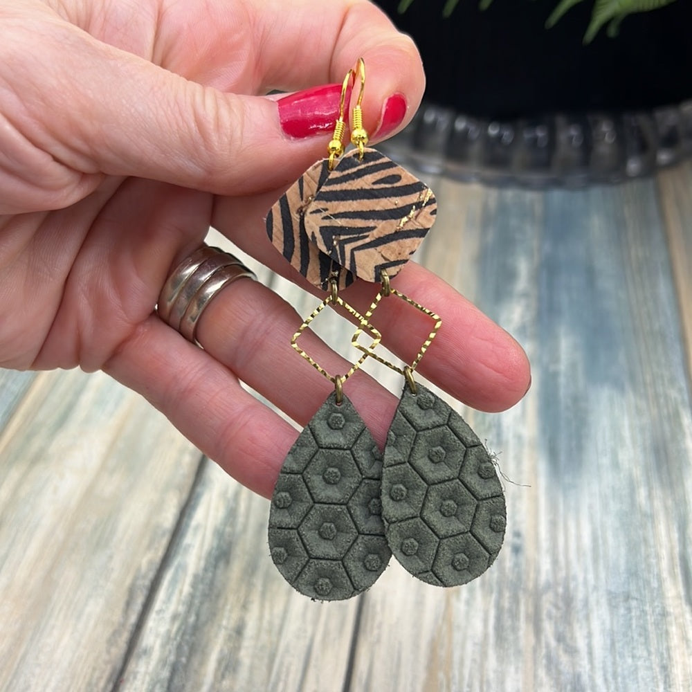 Adorned Crown Artisan Assemblage leather double drop zebra green earrings