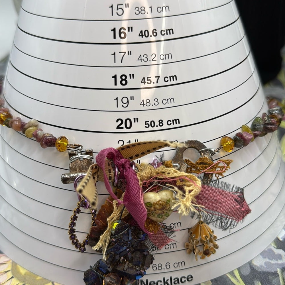 Adorned Crown Jewelry assemblage amethyst skeleton key bits & baubles necklace