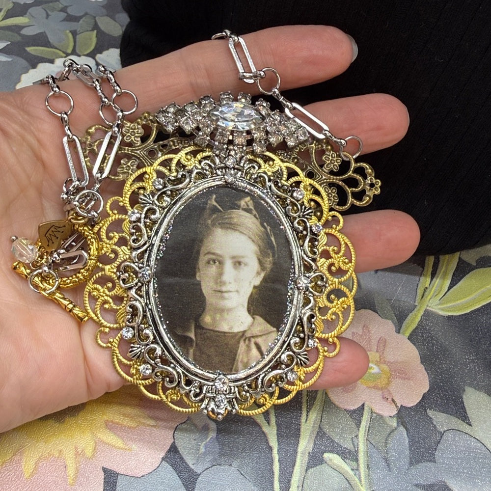 Adorned Crown Jewelry assemblage filigree ephemera female rhinestone necklace