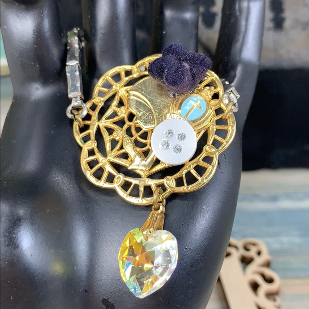Adorned Crown artisan assemblage prayer crystal heart watch band bracelet