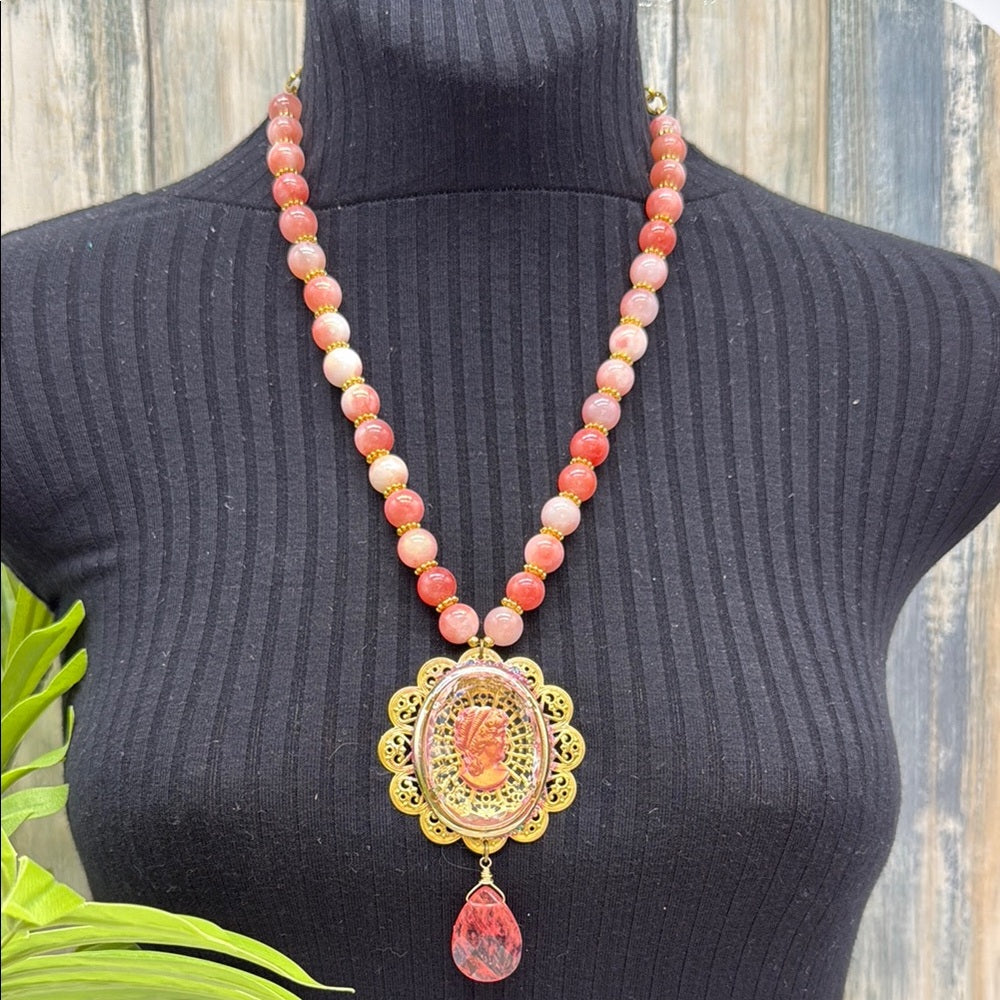 Adorned Crown Jewelry assemblage Persian jade intaglio pink statement necklace