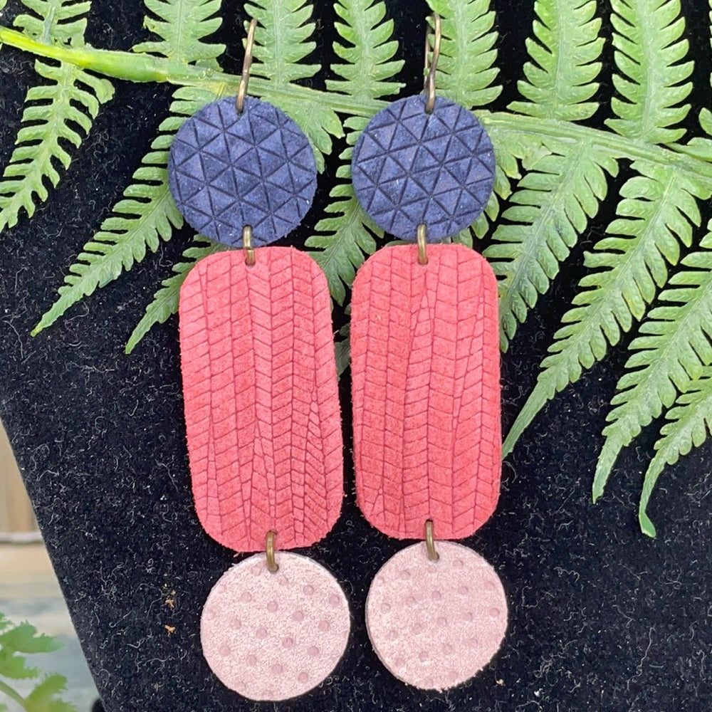 Adorned Crown geo triple leather pink blue drop earrings