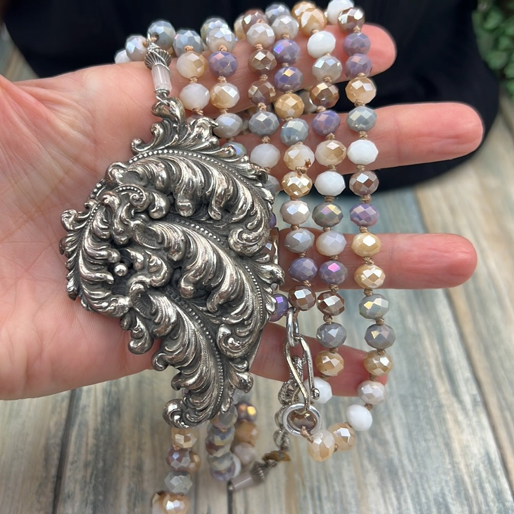 Adorned Crown necklace beaded metal vintage pendant artisan assemblage