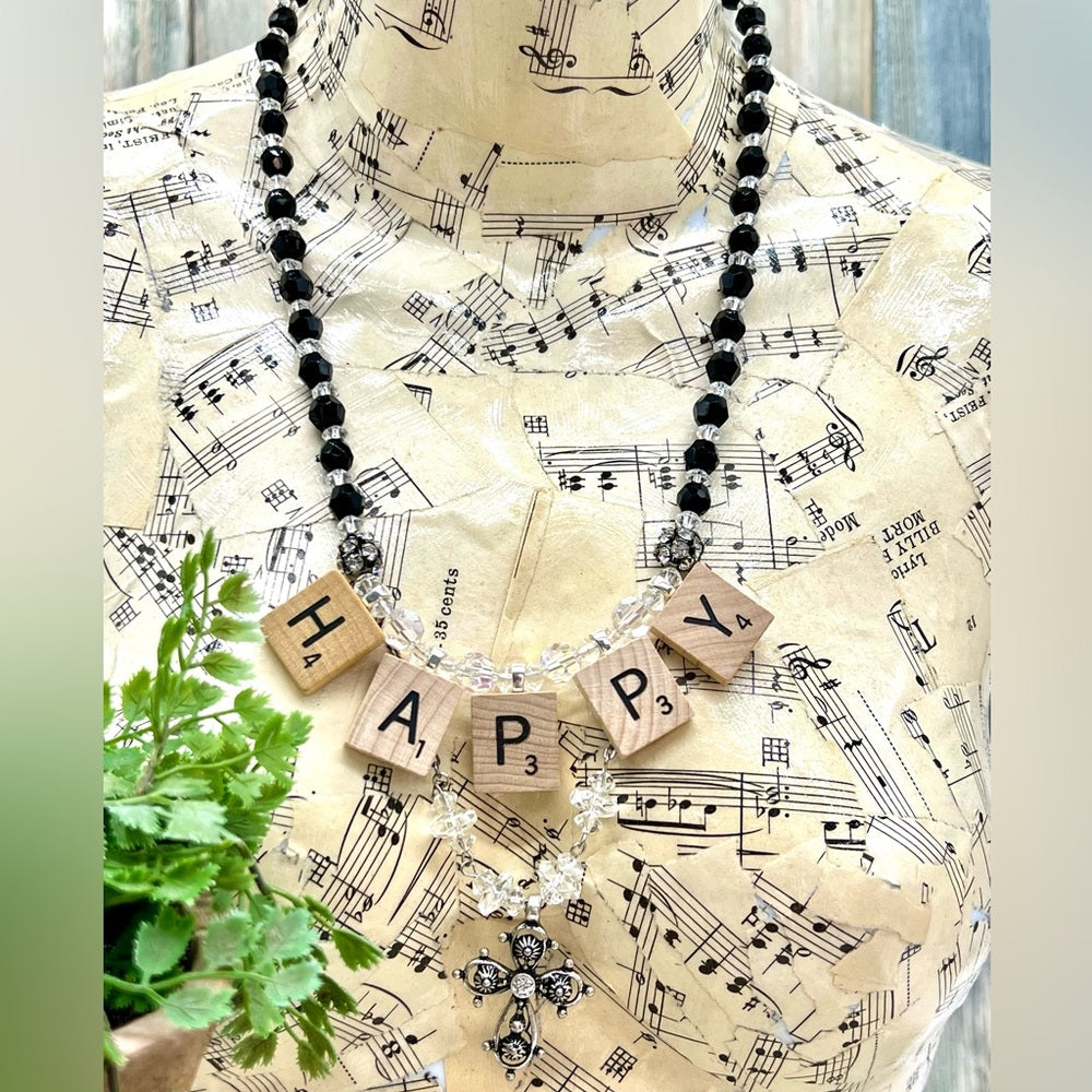 Adorned Crown Jewelry HAPPY jet black crystal bead cross necklace