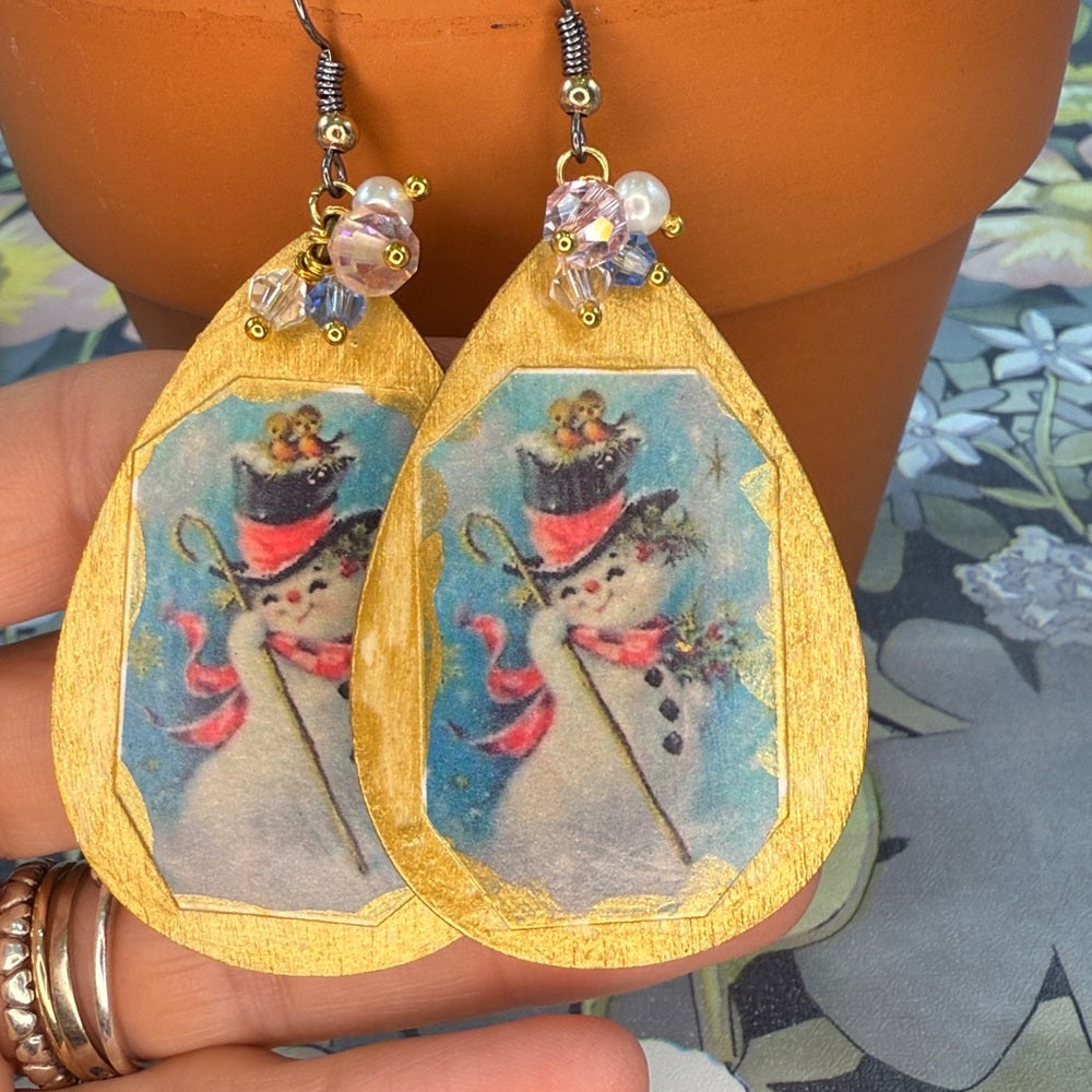 Adorned Crown Jewelry assemblage Victorian Christmas pink snowman earrings