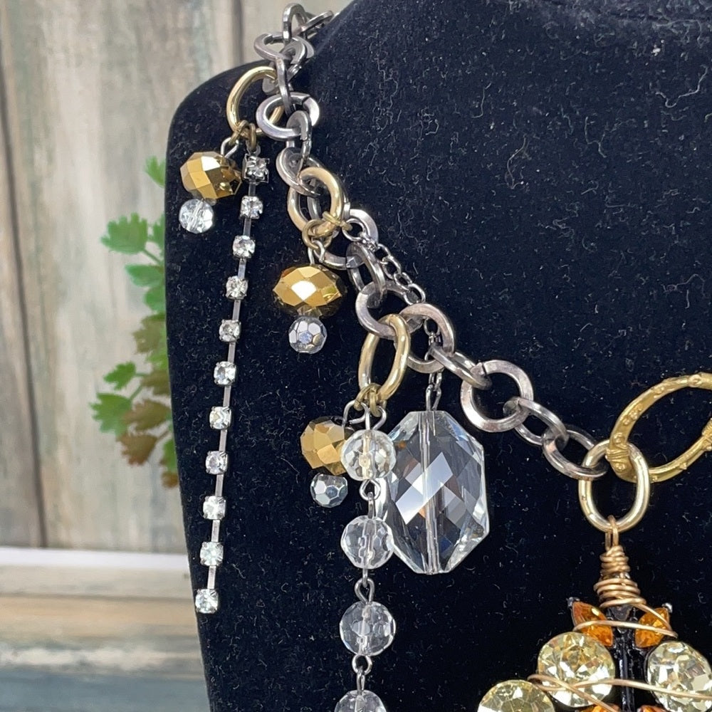 Adorned Crown Artisan Assemblage rhinestone bling drops of gold necklace