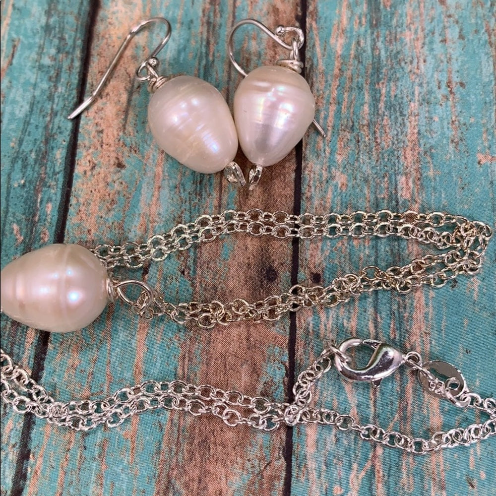 Adorned Crown pearl sterling silver heart set (1) necklace and earrings