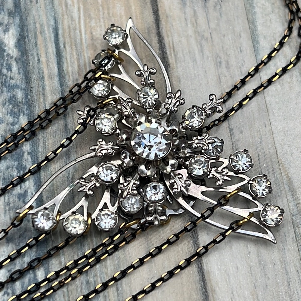 Adorned Crown Artisan Assemblage rhinestone gold black chain Angel necklace
