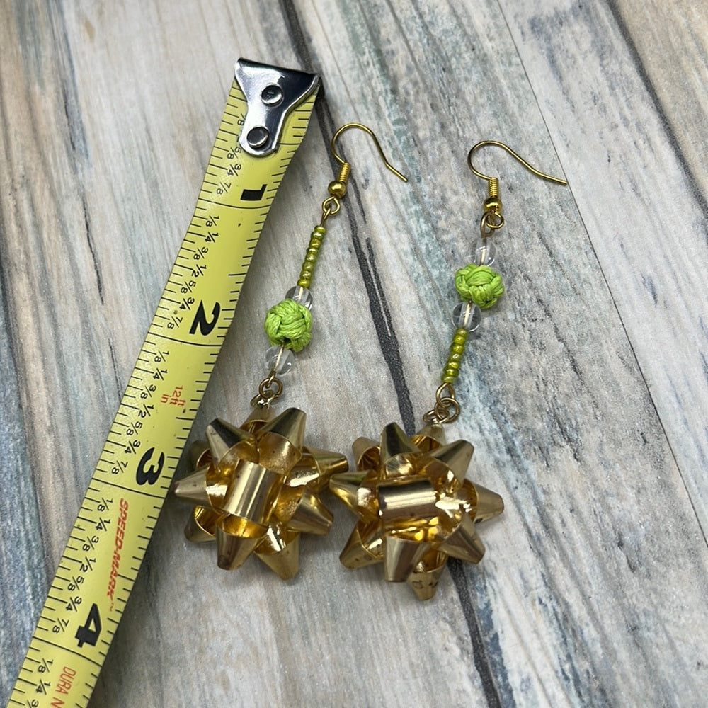 Adorned Crown Jewelry assemblage Christmas earrings gold bow green bead