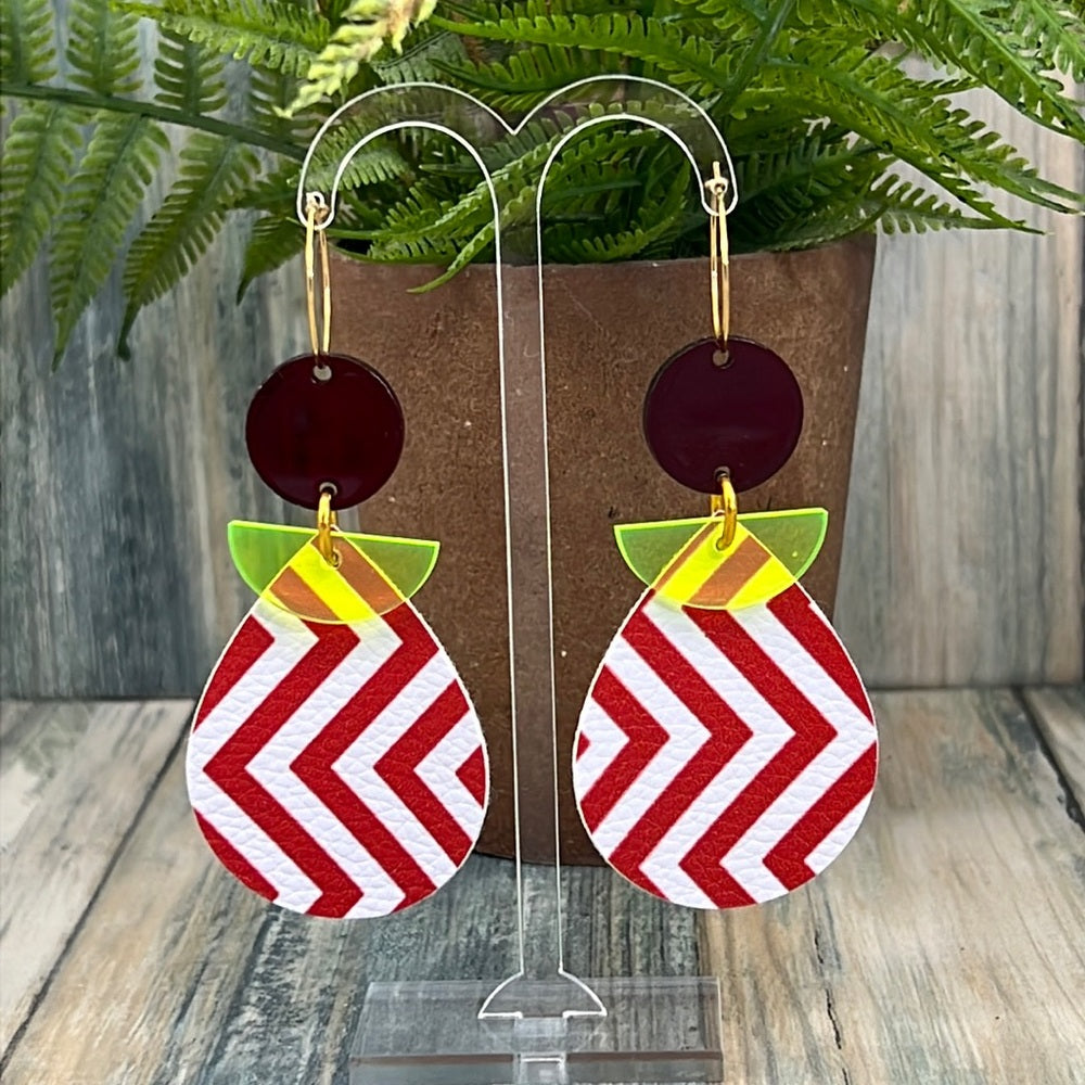 Adorned Crown Artisan Assemblage leather lucite red chevron earrings