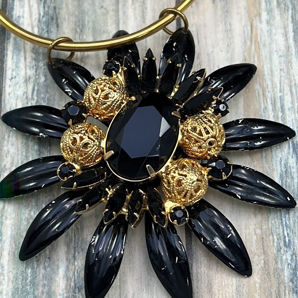 Adorned Crown Artisan Assemblage enamel black flower stone bead necklace