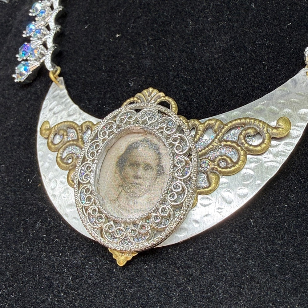 Adorned Crown Jewelry assemblage rhinestone filigree female image bib necklace
