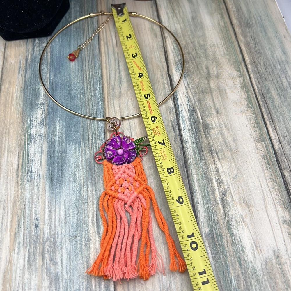 Adorned Crown Artisan Assemblage macramé enamel flower collar necklace