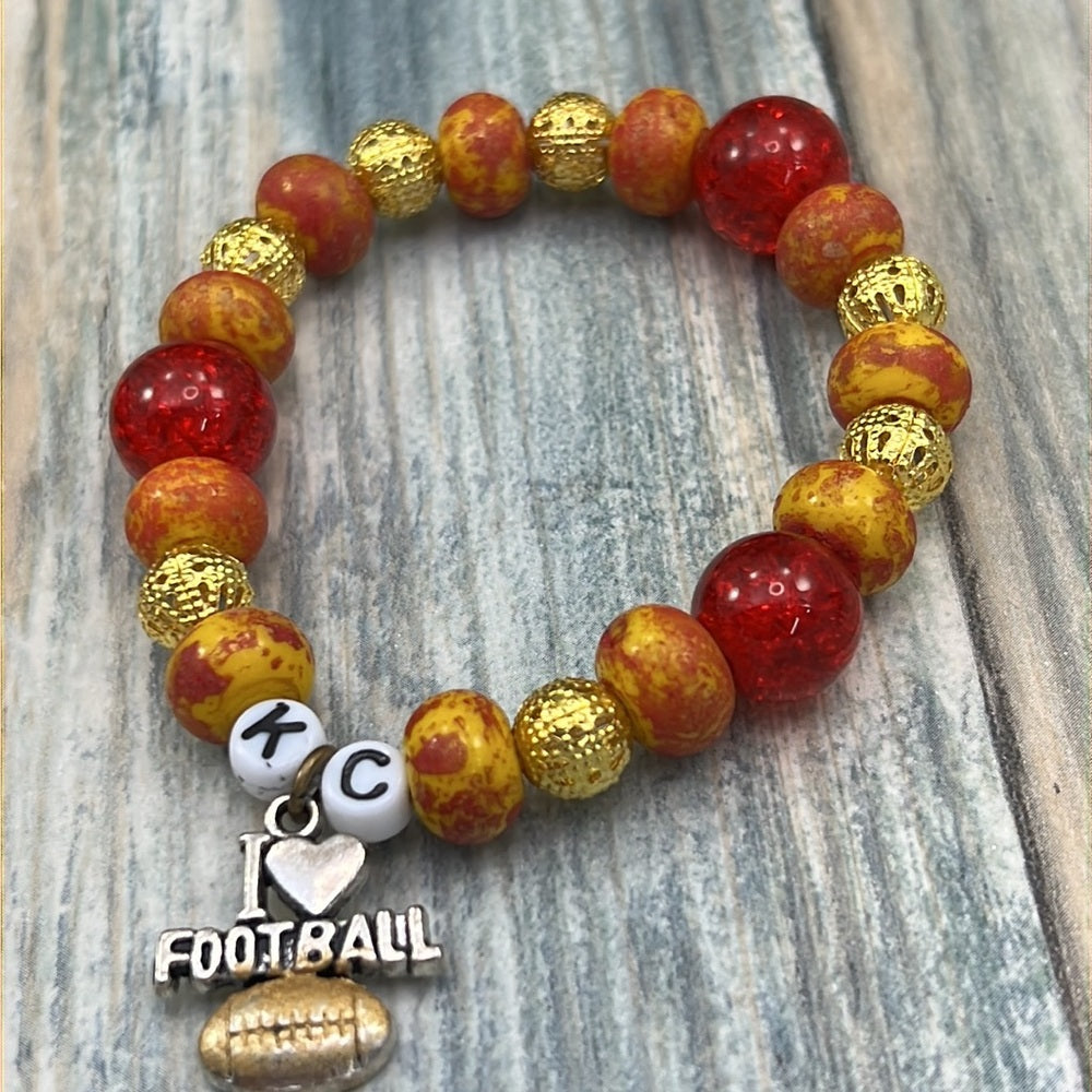 Adorned Crown Kansas City Chiefs KC football red gold stretch bracelet set C